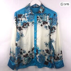 ZARA Silk Floral Print Western Button UpLong Sleeves Blouse, Size M